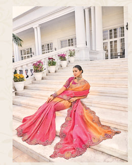 Orange to pink Crepe Jacquard Zarkan Embroidery