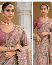 Mauve Purple  Saree Zari Silk Saree with Olive Green Embroidered Border & Silk Blouse