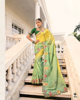 Lemon to Green Crepe Jacquard Zarkan Embroidery