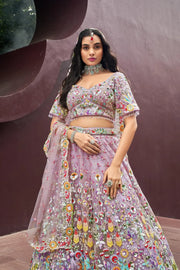 Pink Colour Embroidered Sequin Lehenga Set With Net Dupatta