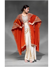 Orange Crepe Blouse With Skirt & Shrug