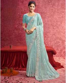 Mint Blue Organza Embroidered Saree with sequins work