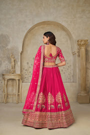 Rani Pink  Banarasi Silk Wedding Lehenga with Leaf Embroidery & Peacock Motif