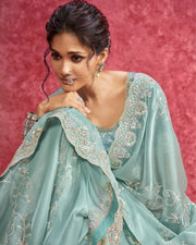 Mint Blue Organza Embroidered Saree with sequins work