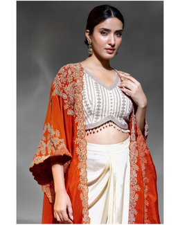 Orange Crepe Blouse With Skirt & Shrug