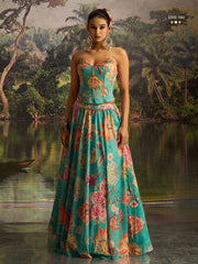 Turquoise blue  indo western Printed Thread Work Ready to Wear Lehenga & Blouse With Dupatta