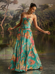Turquoise blue  indo western Printed Thread Work Ready to Wear Lehenga & Blouse With Dupatta