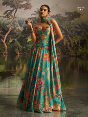 Turquoise blue  indo western Printed Thread Work Ready to Wear Lehenga & Blouse With Dupatta