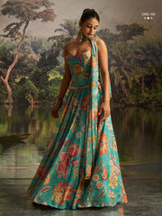 Turquoise blue  indo western Printed Thread Work Ready to Wear Lehenga & Blouse With Dupatta
