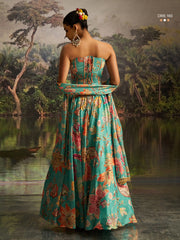 Turquoise blue  indo western Printed Thread Work Ready to Wear Lehenga & Blouse With Dupatta