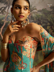 Turquoise blue  indo western Printed Thread Work Ready to Wear Lehenga & Blouse With Dupatta