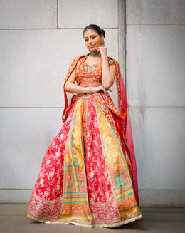 Multicolor Red & Orange Embroidered Bridal Lehenga Choli Set with Dupatta