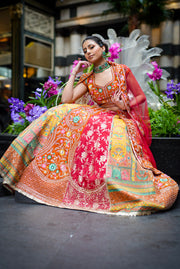 Multicolor Red & Orange Embroidered Bridal Lehenga Choli Set with Dupatta