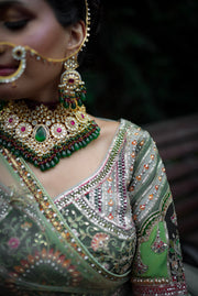 Sage Green Hand-Embroidered Bridal Lehenga Set with Dupatta
