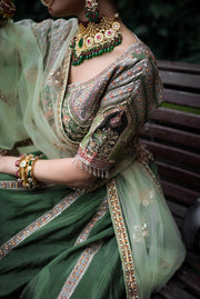 Sage Green Hand-Embroidered Bridal Lehenga Set with Dupatta