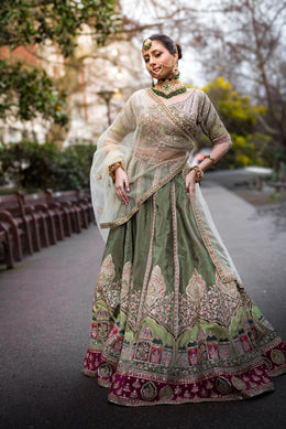 Sage Green Hand-Embroidered Bridal Lehenga Set with Dupatta
