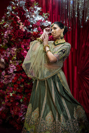 Sage Green Hand-Embroidered Bridal Lehenga Set with Dupatta