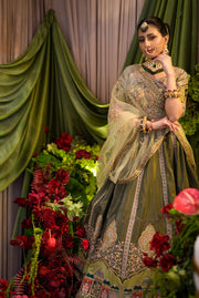 Sage Green Hand-Embroidered Bridal Lehenga Set with Dupatta
