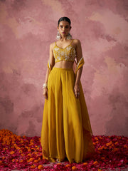 Yellow Embroidered Georgette indo Western Cape Set