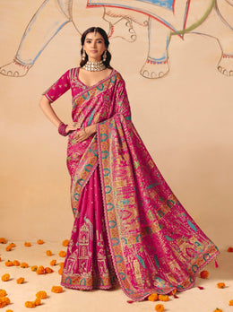 Royal Rani Pink Dola Zari Silk Saree with Heavy Embroidery & Cutwork Lace