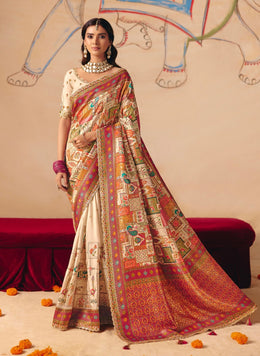 Off white Dola Zari Silk Saree with Heavy Embroidery & Cutwork Lace