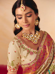 Off white Dola Zari Silk Saree with Heavy Embroidery & Cutwork Lace