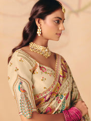 Royal Sand Beige Dola Zari Silk Saree with Heavy Embroidery & Cutwork Lace