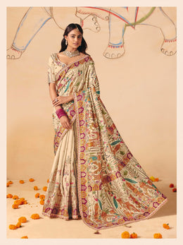 Royal Sand Beige Dola Zari Silk Saree with Heavy Embroidery & Cutwork Lace