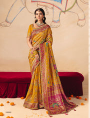 Royal mustard yellow Dola Zari Silk Saree with Heavy Embroidery & Cutwork Lace