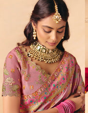 Blush Mauve Dola Zari Silk Saree with Heavy Embroidery & Cutwork Lace