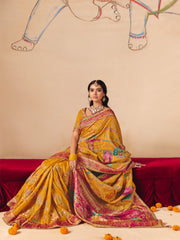Royal mustard yellow Dola Zari Silk Saree with Heavy Embroidery & Cutwork Lace