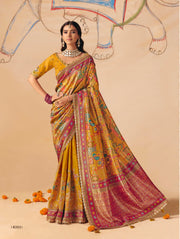 Royal mustard yellow Dola Zari Silk Saree with Heavy Embroidery & Cutwork Lace