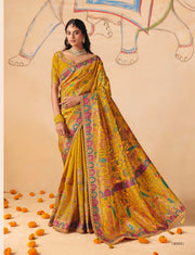 Mustard colour Dola Zari Silk Saree with Heavy Embroidery & Cutwork Lace