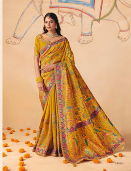 Mustard colour Dola Zari Silk Saree with Heavy Embroidery & Cutwork Lace
