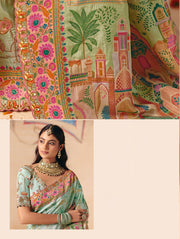 Mint Green Dola Zari Silk Saree with Heavy Embroidery & Cutwork Lace