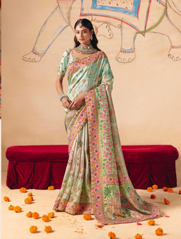 Mint Green Dola Zari Silk Saree with Heavy Embroidery & Cutwork Lace