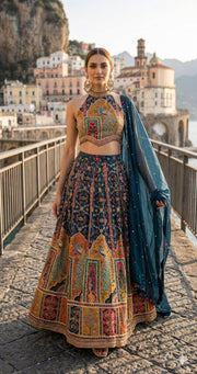 Royal Peacock Embroidered Lehenga Set This digital print and mirror work