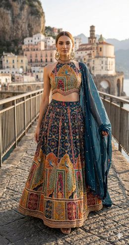 Royal Peacock Embroidered Lehenga Set This digital print and mirror work
