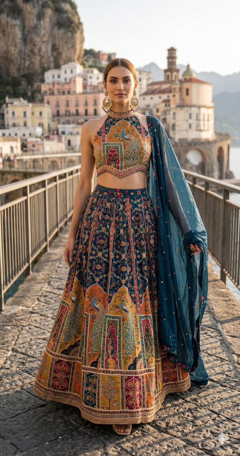 Royal Peacock Embroidered Lehenga Set This digital print and mirror work
