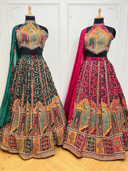 Royal Peacock Embroidered Lehenga Set This digital print and mirror work
