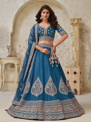 Teal Blue Silk Wedding Lehenga with Leaf & Peacock Motifs