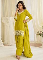 Olive Green Color Silk Embroidery Work Readymade  Suit