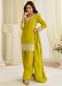 Olive Green Color Silk Embroidery Work Readymade  Suit