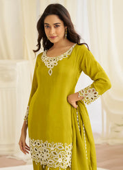 Olive Green Color Silk Embroidery Work Readymade  Suit