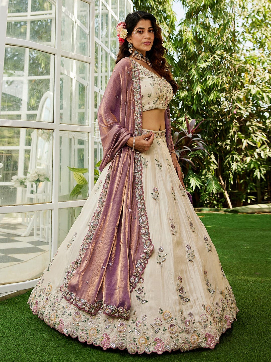 Ivory & Cream colour tissue Fabric with Sequinse & Thread embroidery Lehenga