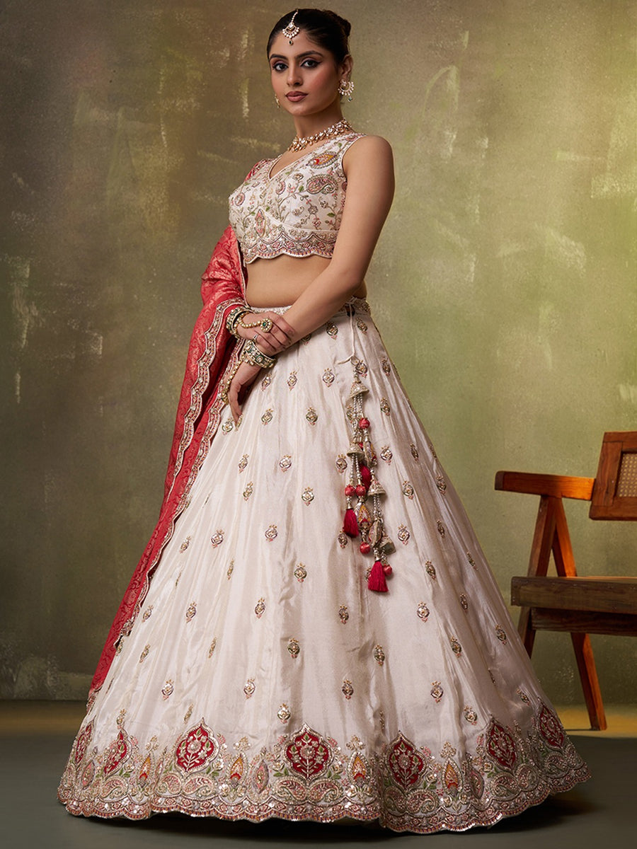 Beige Designer Lehenga Choli with Red Banarasi Silk Dupatta