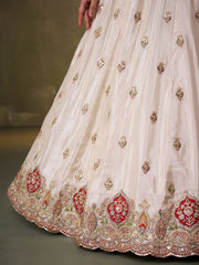 Beige Designer Lehenga Choli with Red Banarasi Silk Dupatta