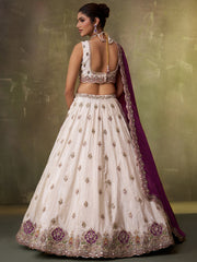 Beige Designer Lehenga Choli with Purple Banarasi Silk Dupatta