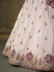 Beige Designer Lehenga Choli with Purple Banarasi Silk Dupatta