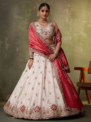 Beige Designer Lehenga Choli with Red Banarasi Silk Dupatta